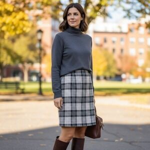 Talbots Grey Black Teal Plaid Pencil Skirt Lined Size 8 Knee Length Professional